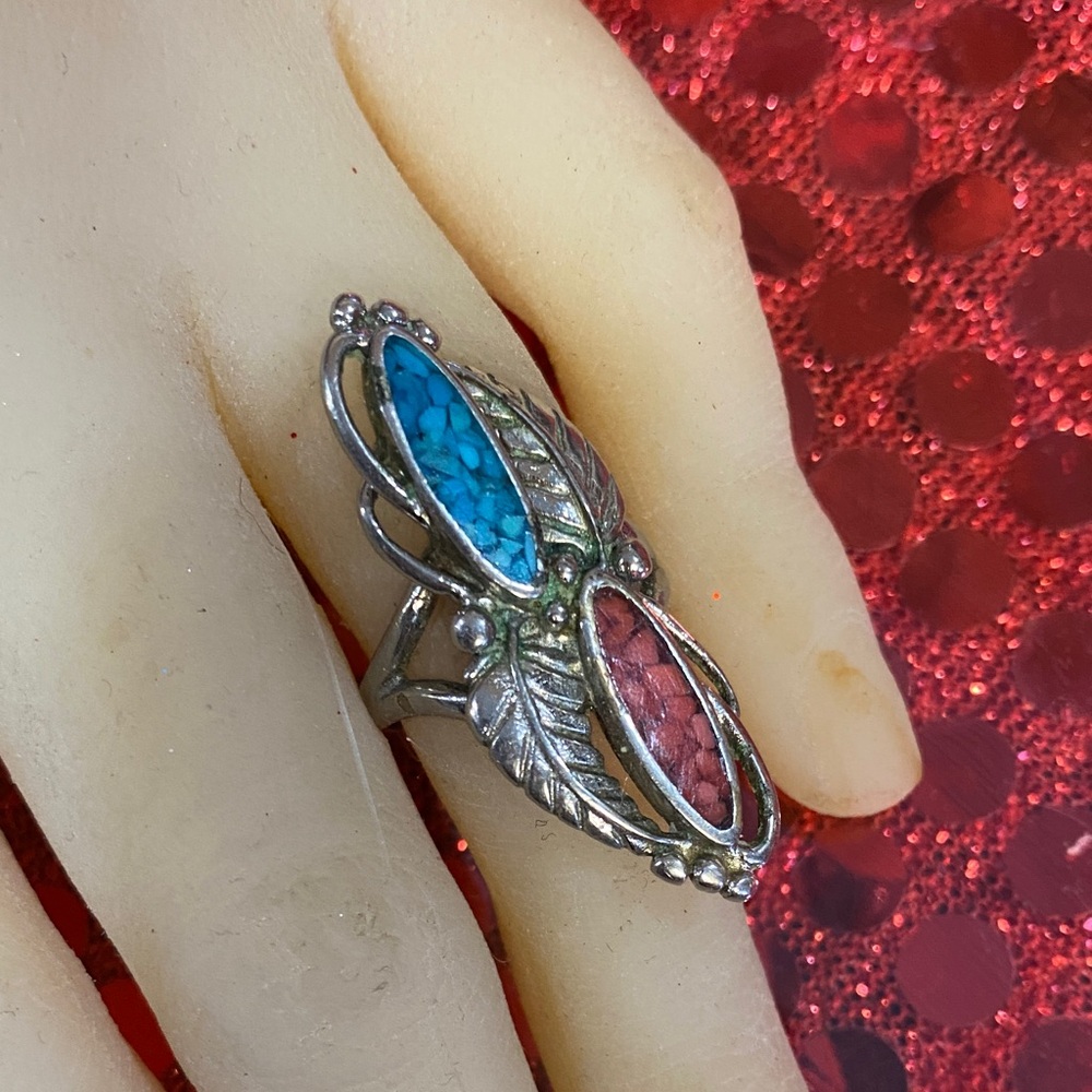 Vintage Turquoise and Coral Ring Sz 5-1/2